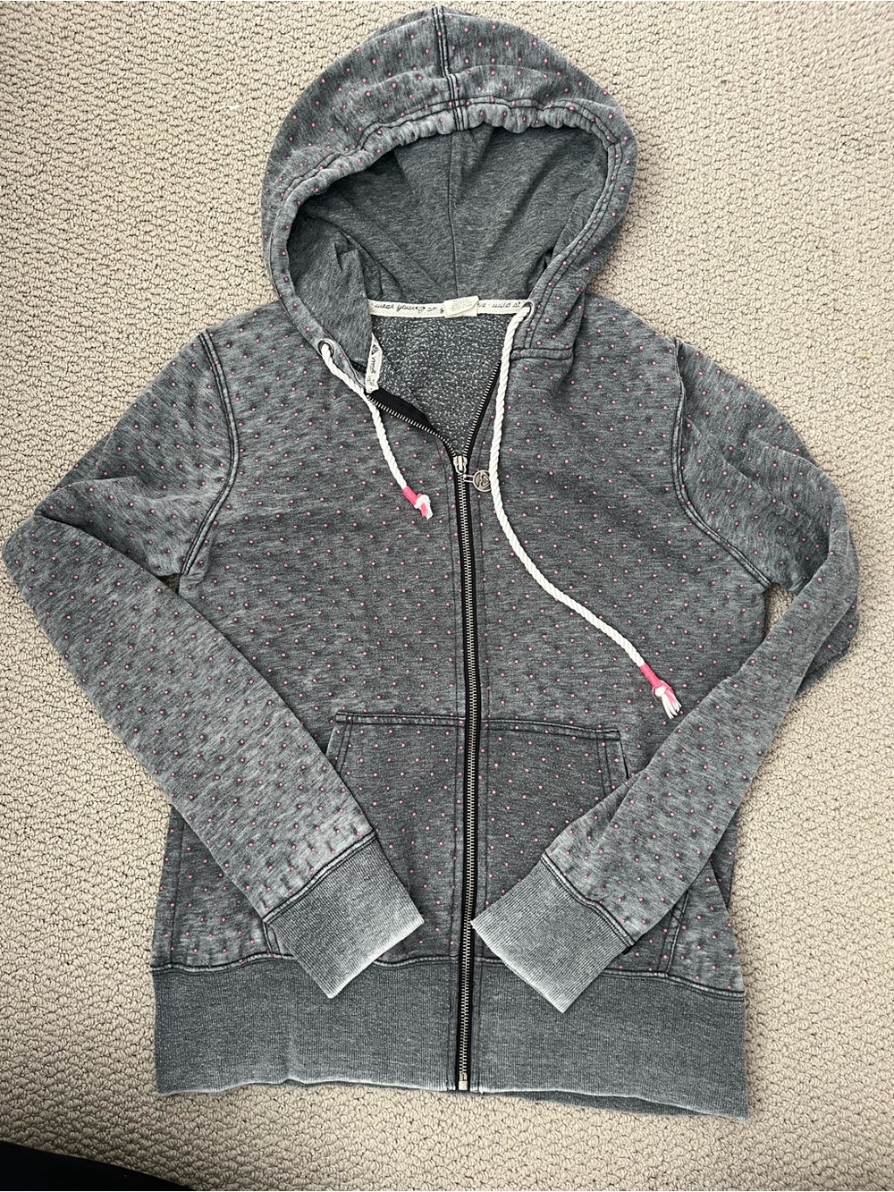 Roxy Gray Zip Hoodie with Pink Dot Accents